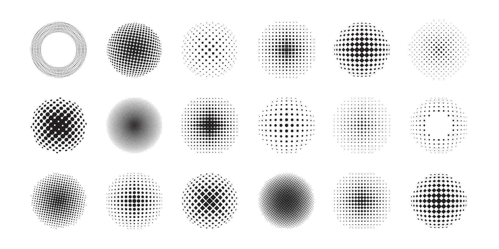 Round halftone shapes. Abstract circle geometric tone pattern of dots, modern polka dot texture for print design. Vector isolated set