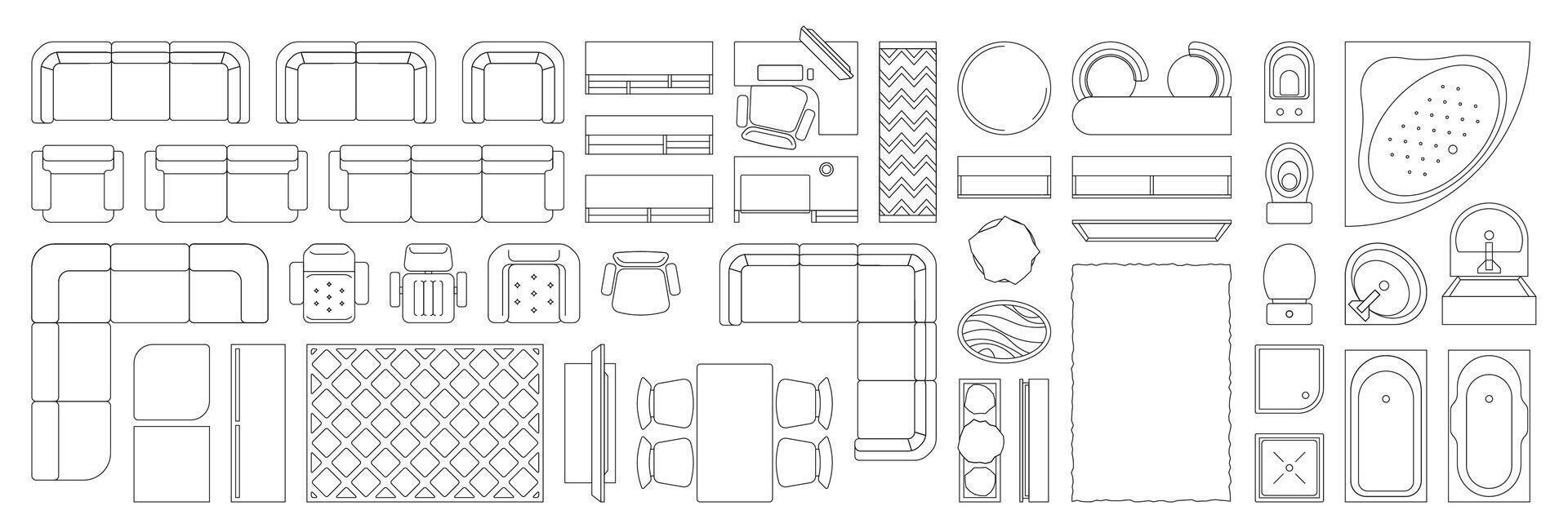 Linear interior furniture top view. Overhead floor plan of living room, kitchen, bedroom with armchair, sofa and bed. Home decoration plan vector concept