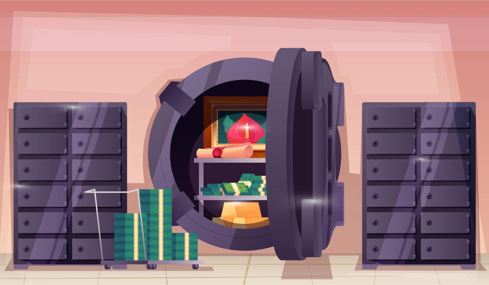 Bank vault door. Opened safe storage with money cash gold ingots inside, cartoon flat deposit box with locker for financial concept. Vector illustration
