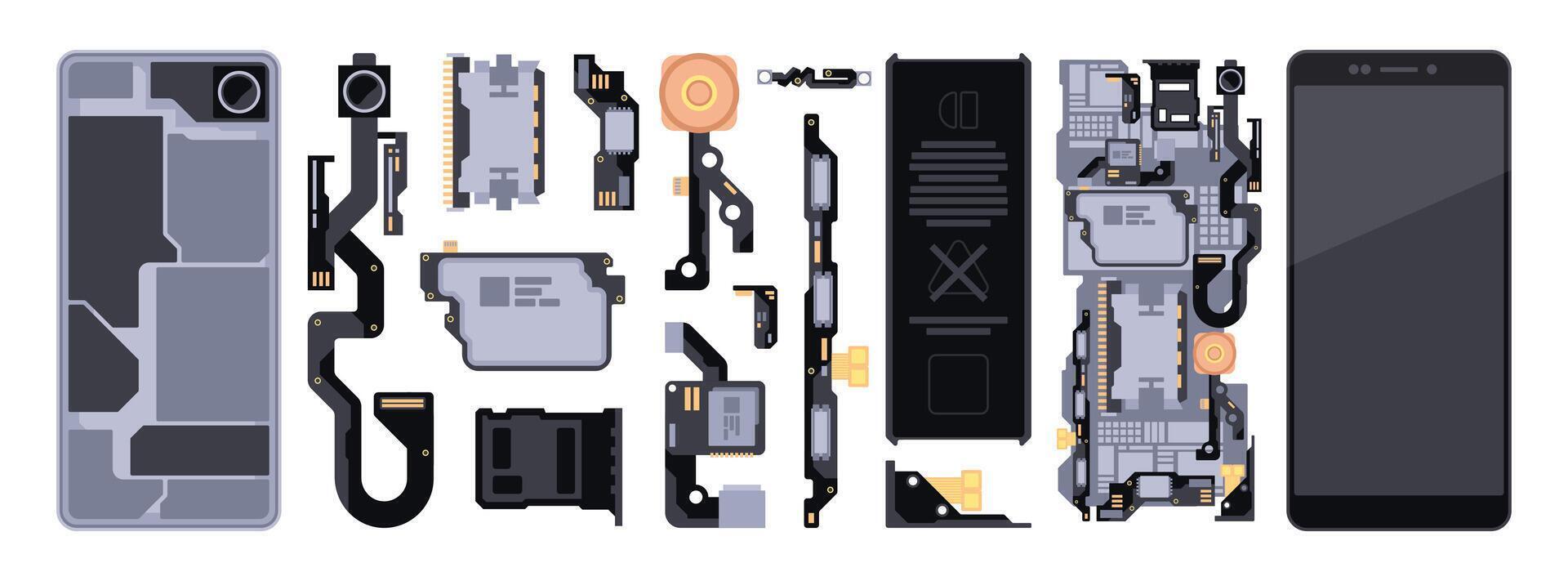 Phone disassembly parts. Smart phone open and closed, mobile device with camera and memory elements, electronic device service. Vector set