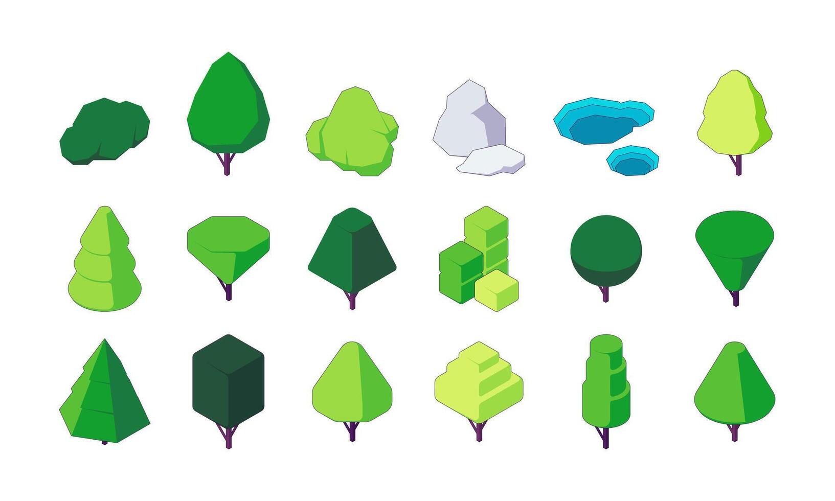 Isometric trees and bushes asset. Botanical shrubs and plants with foliage, nature constructor kit polygonal shape for game design. Vector set