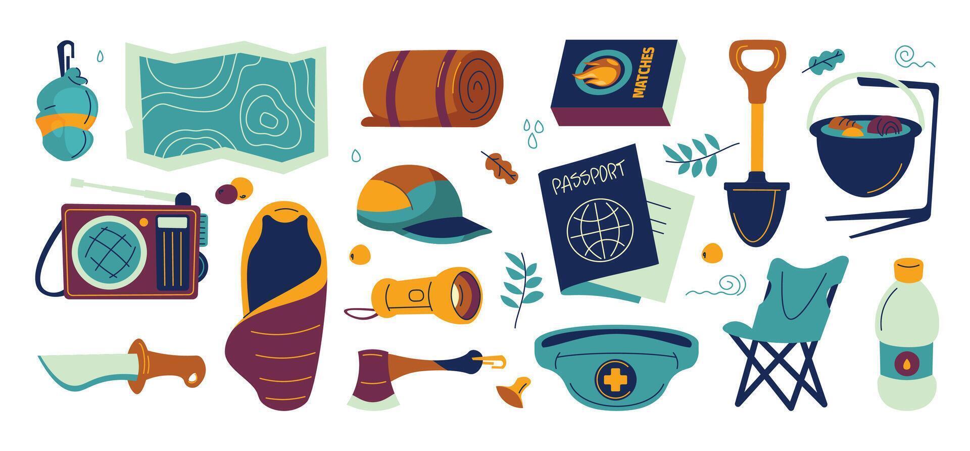 Emergency supplies. Disaster recovery kit with water bottle, canned food and flashlight, instant noodles and blanket. Cartoon preparedness concept vector