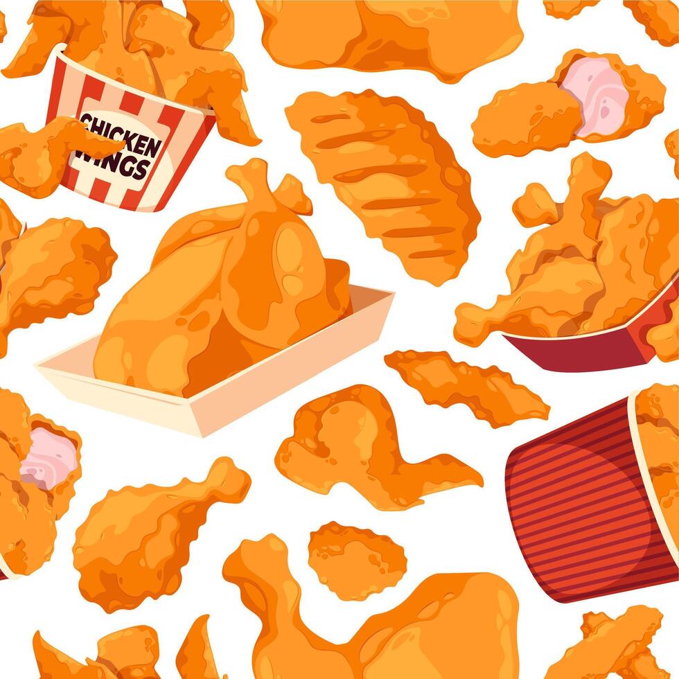 Fried chicken pattern. Seamless print of fast food fried drumstick and nuggets, cartoon crispy poultry food backdrop for fabric textile design. Vector texture