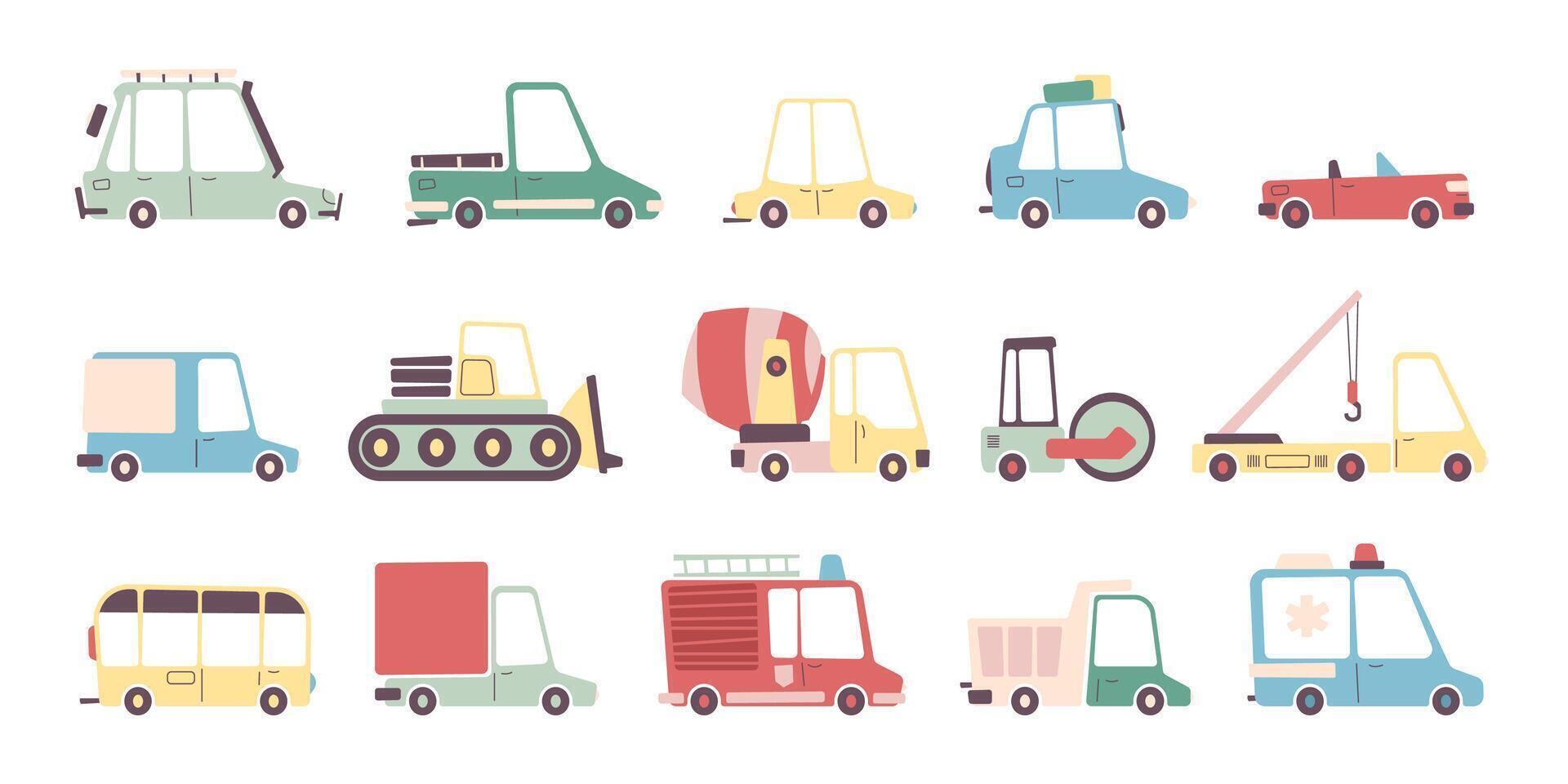 Kids transport collection. Cartoon childish vehicles for transportation, flat colorful auto transport, truck and bus icons. Vector isolated set