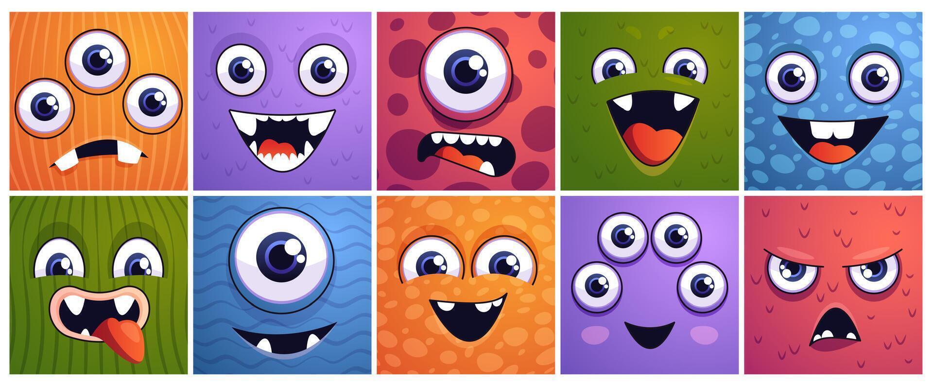 Square monster faces. Cartoon alien and dinosaur faces square banners, funny alien creature mascot with emotion expressions. Vector isolated collection