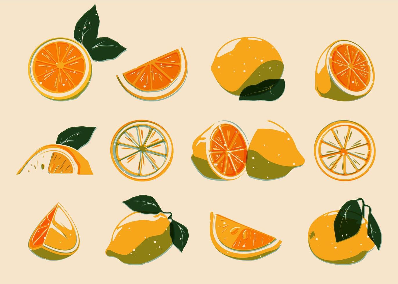 Sliced printed lemons. Fresh organic citrus pieces, cartoon natural botanical lemon orange tangerine elements for diet and healthy food logo design. Vector isolated set