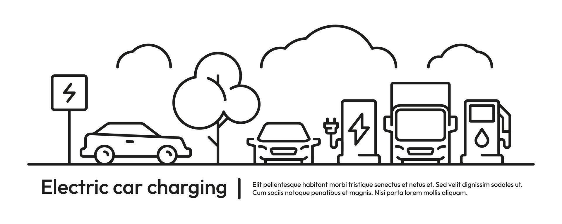 Electric car charging concept. Electric car battery charging, hybrid vehicle concept, sustainable transport energy concept. Vector illustration