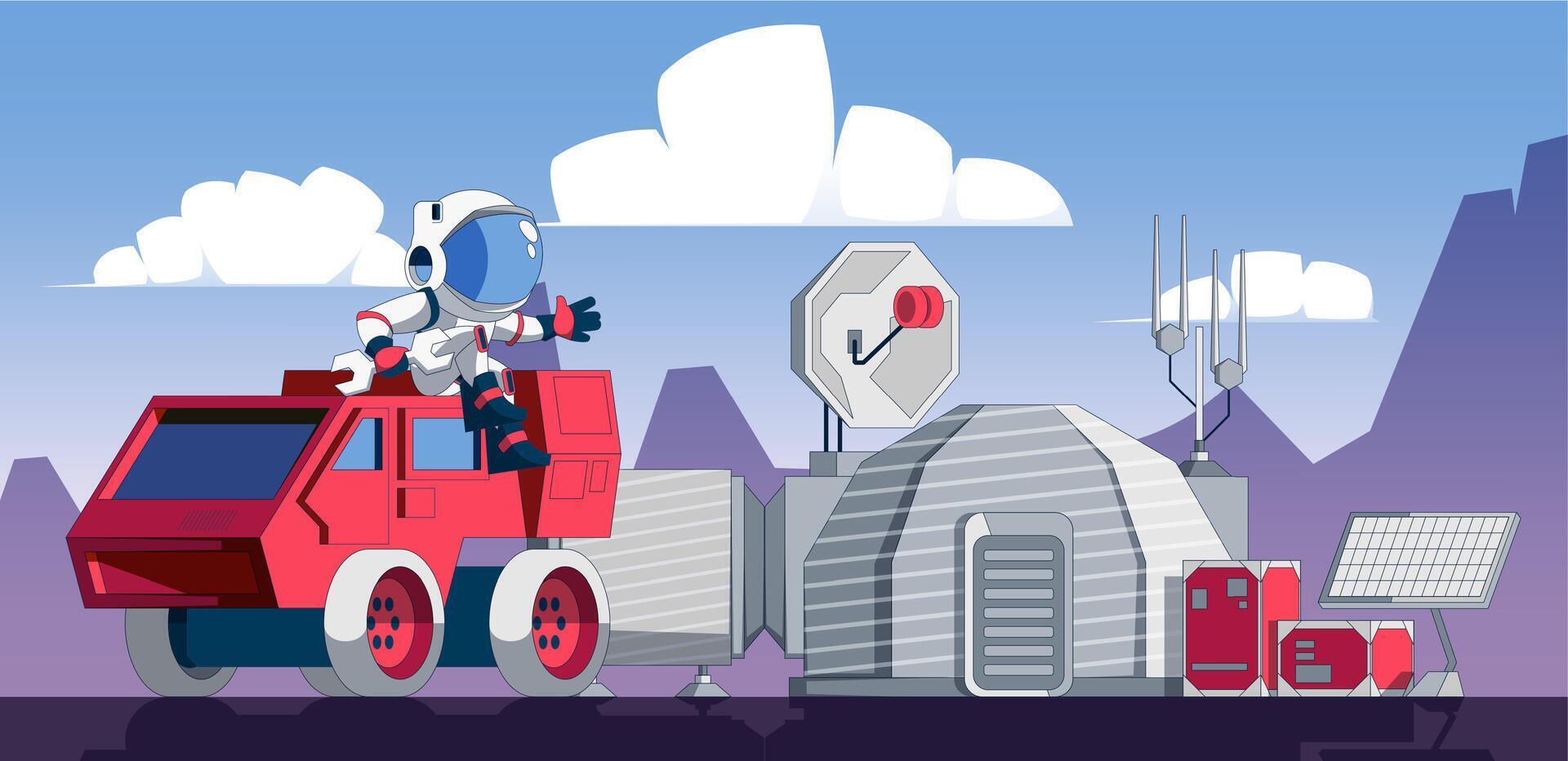 Astronaut on alien planet. Cartoon space exploration mission, rover on Mars surface and satellite antena, space exploration concept. Vector illustration