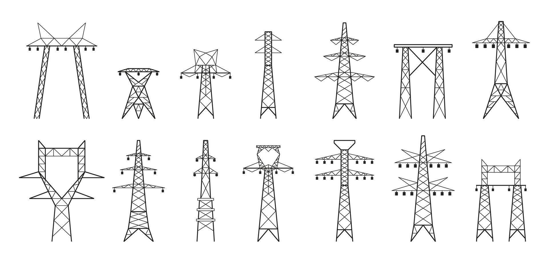 Electric line pole. Grid power transmission and distribution, high voltage pylons, cable and wire transmission infrastructure. Vector isolated set