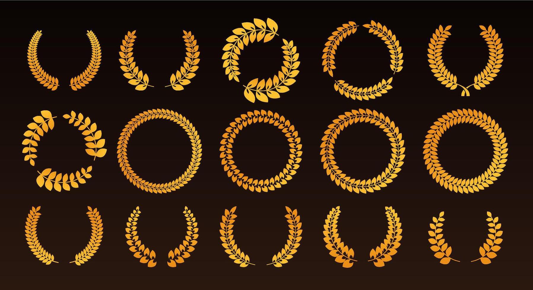 Award laurel. Winner badge with wreath, best achievement certificate, quality prize medal, celebrate success ceremony sticker. Vector collection