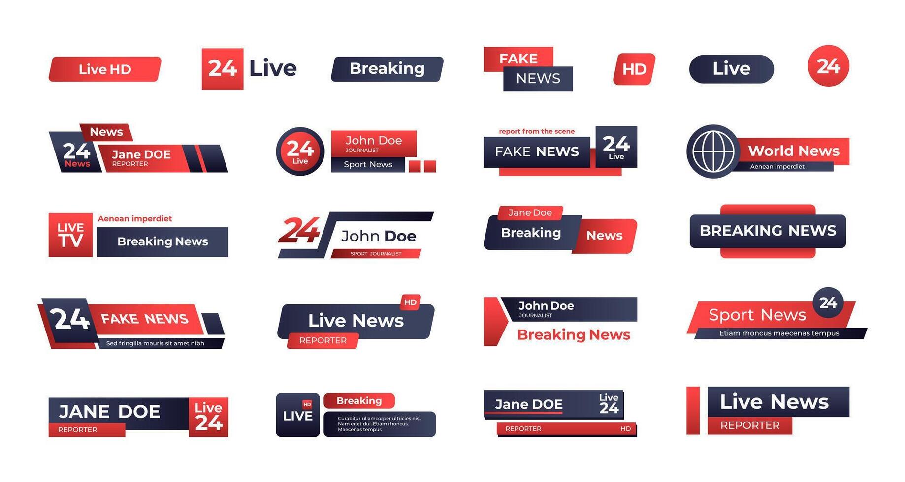 News headline banner. Broadcast tv channel header interface, television lower third bar information, streaming live video stickers. Vector isolated set