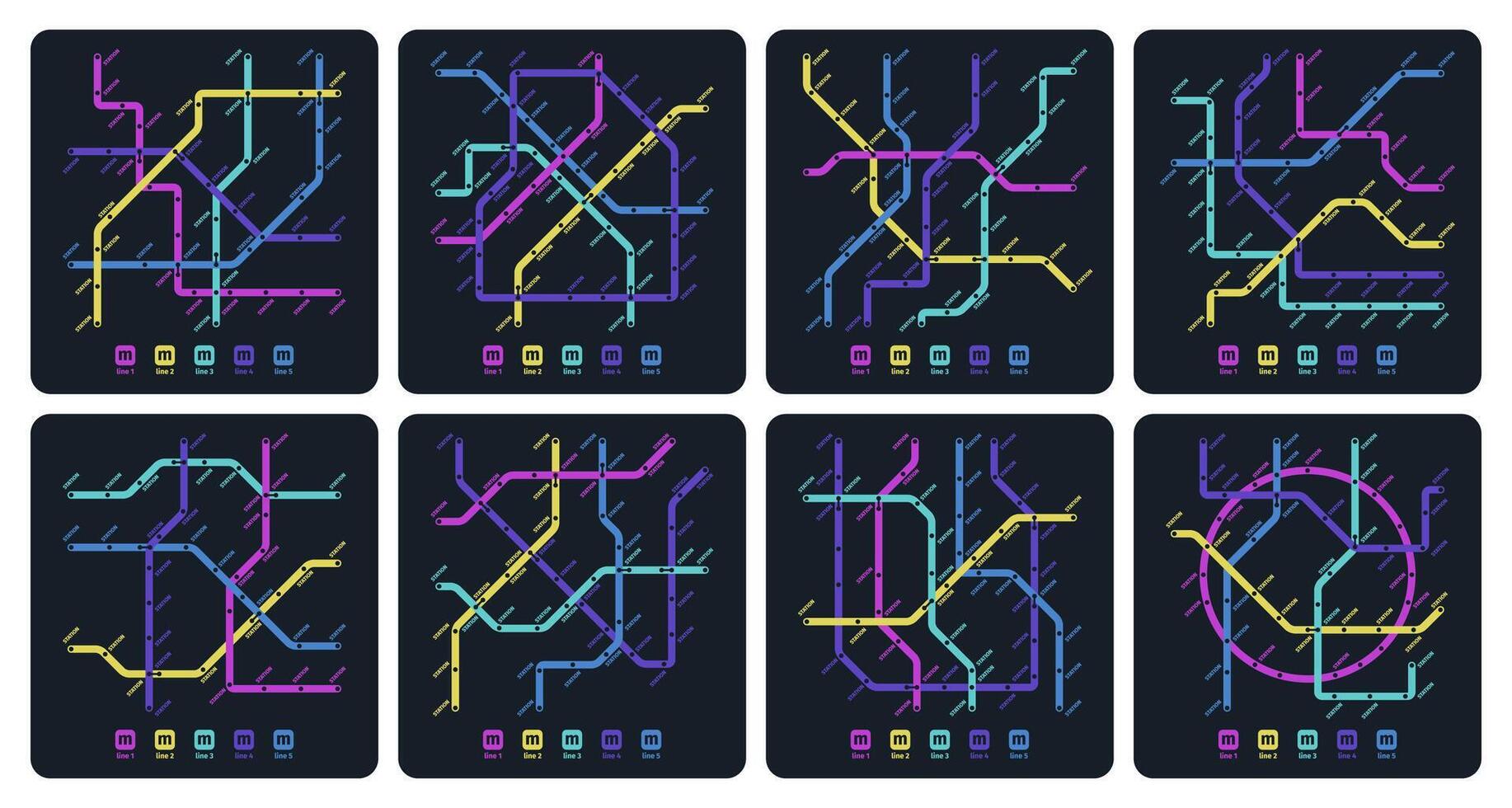 Subway dark map. Underground metro station subway map with route direction and number of trains. Vector subway underground station map