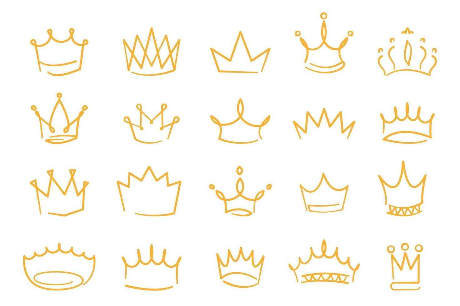 Sketch golden crowns. Outline princess tiara and coronation decorations. Modern hand drawn royalty symbols. Vector isolated set