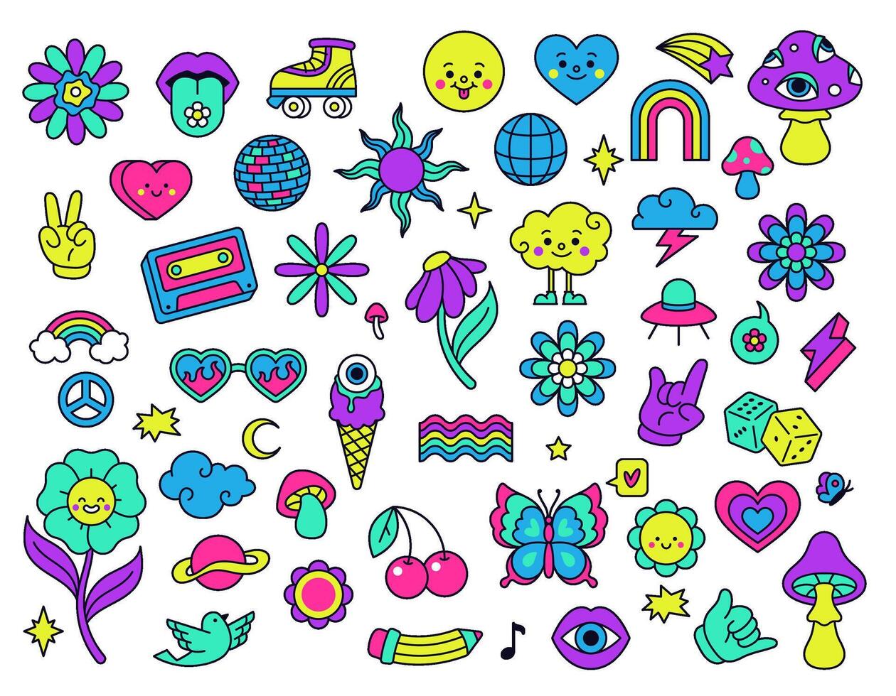 Neon groovy elements cherry flowers and ice cream vector