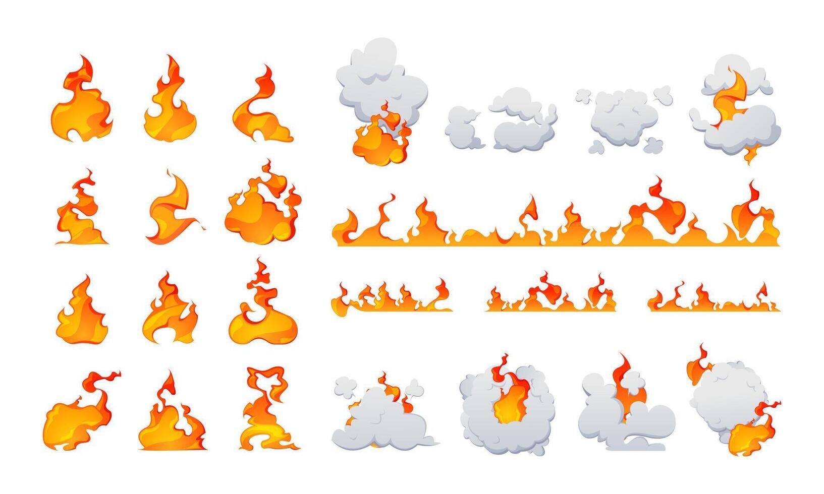 Cartoon explosion fire effect. Burning smoking and ignition game fire asset, bomb blast and magic fireball power, campfire flames. Vector set