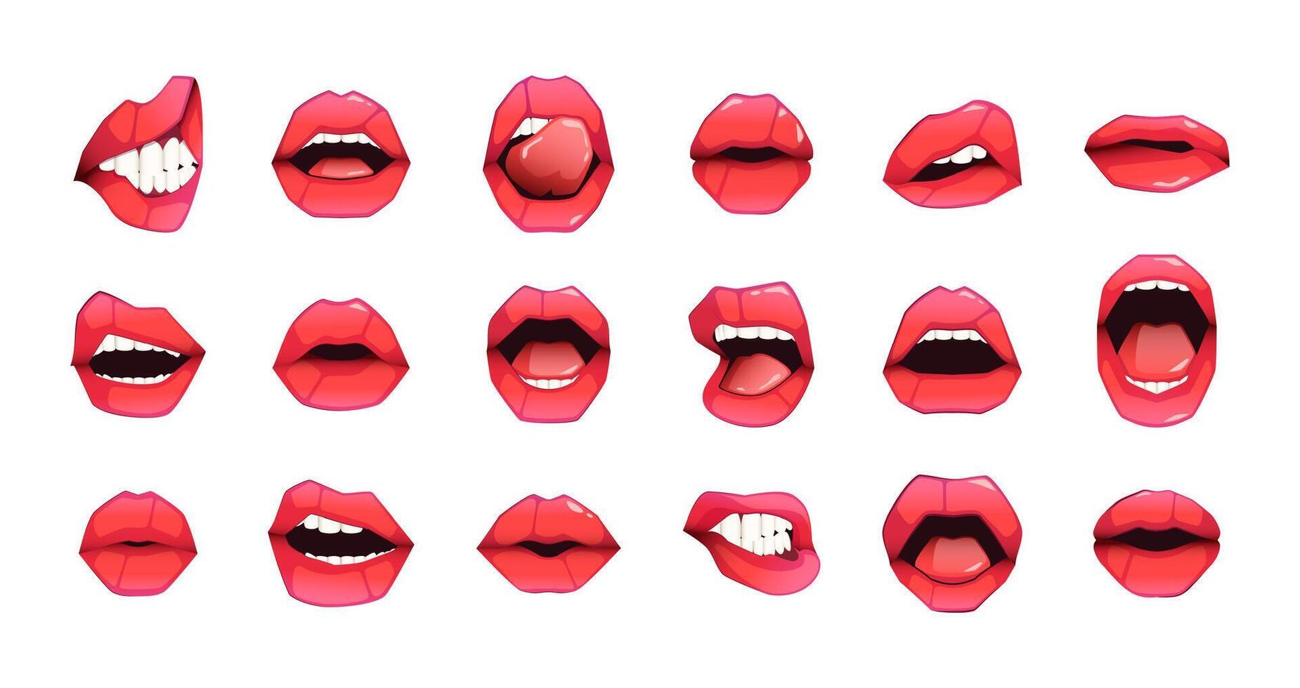 Red female lips. Cartoon woman mouth with different emotions kiss smile tongue out, impudent plump girl lip expressions. Vector colorful set
