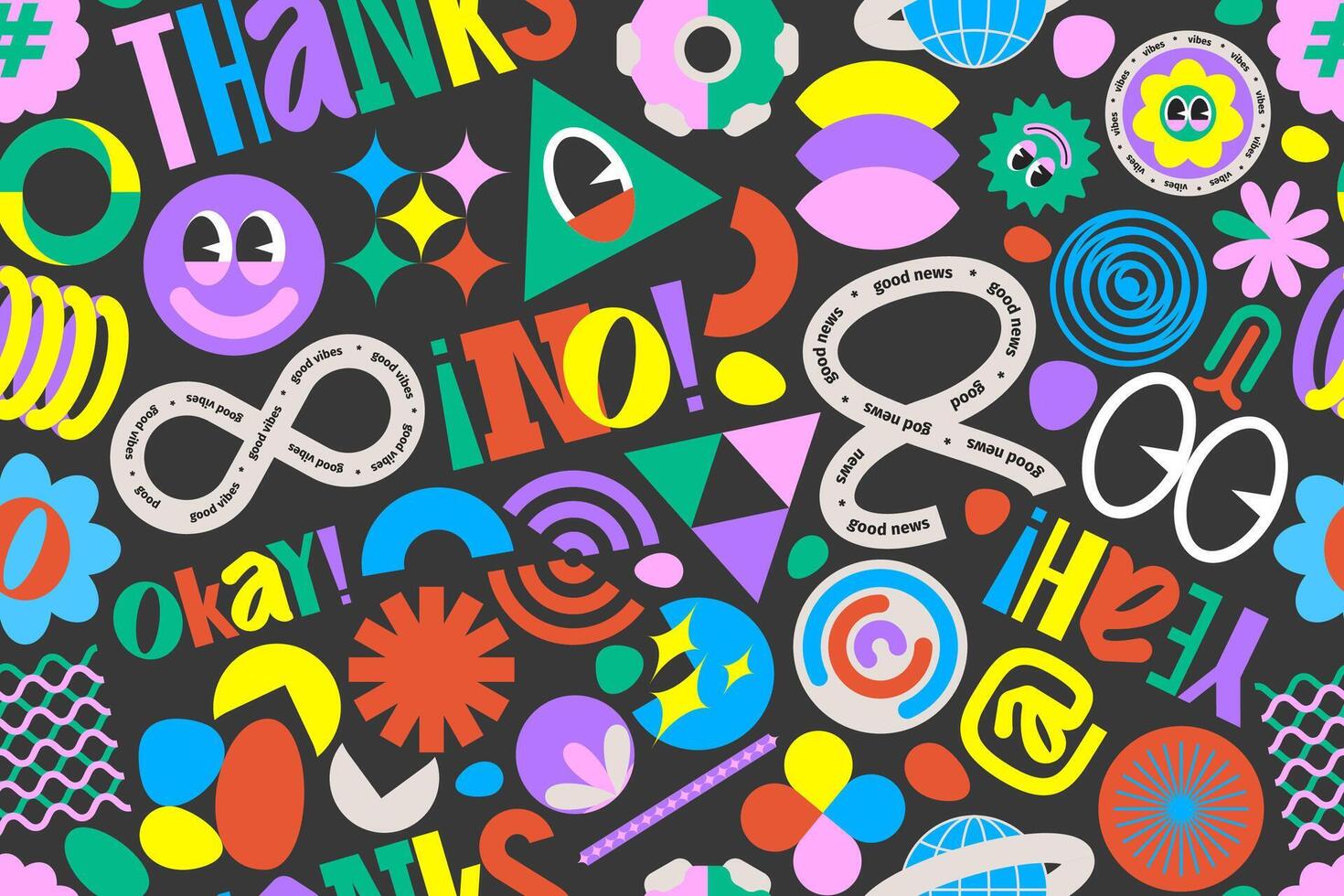 Groovy labels pattern. Cartoon 90s retro stickers with abstract curvy elements and organic symbols for card and product design, vector texture