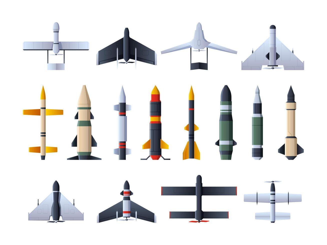 Military missiles and drones. Ballistic rockets with warhead unmanned army aircraft for intelligence, attack and air defense, loitering weapon. Vector set