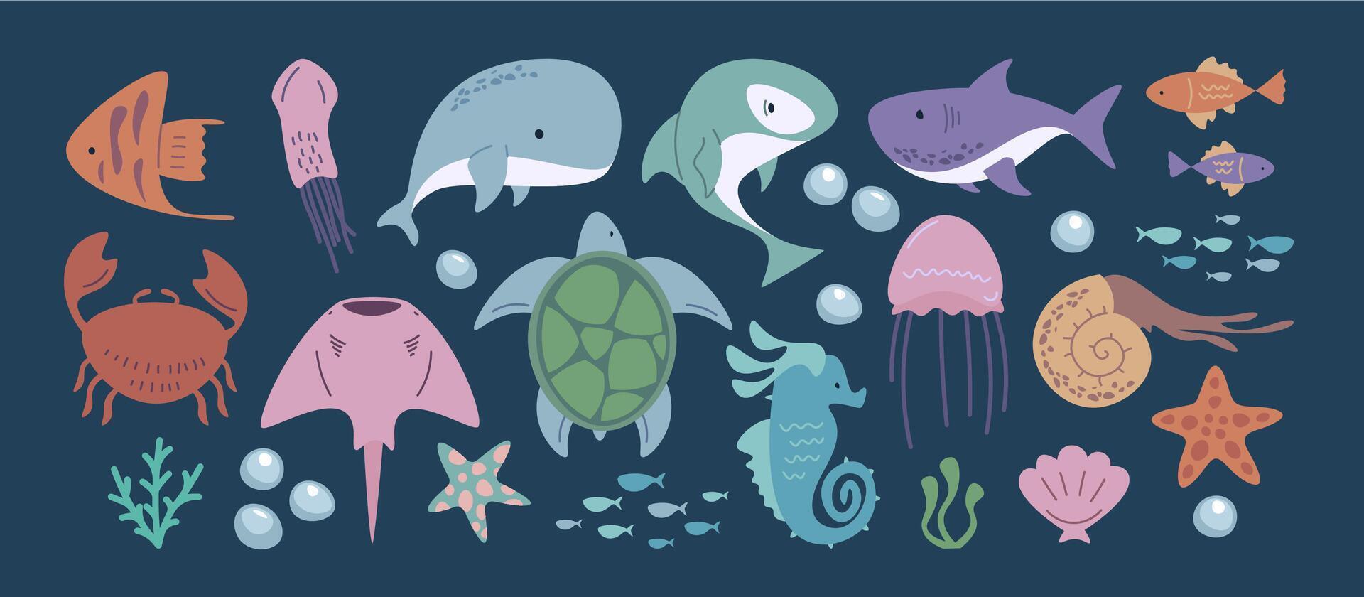 Cute marine animals. Cartoon underwater creatures, colorful ocean sea wildlife, funny hand drawn seahorse jellyfish dolphin seashell. Vector isolated set