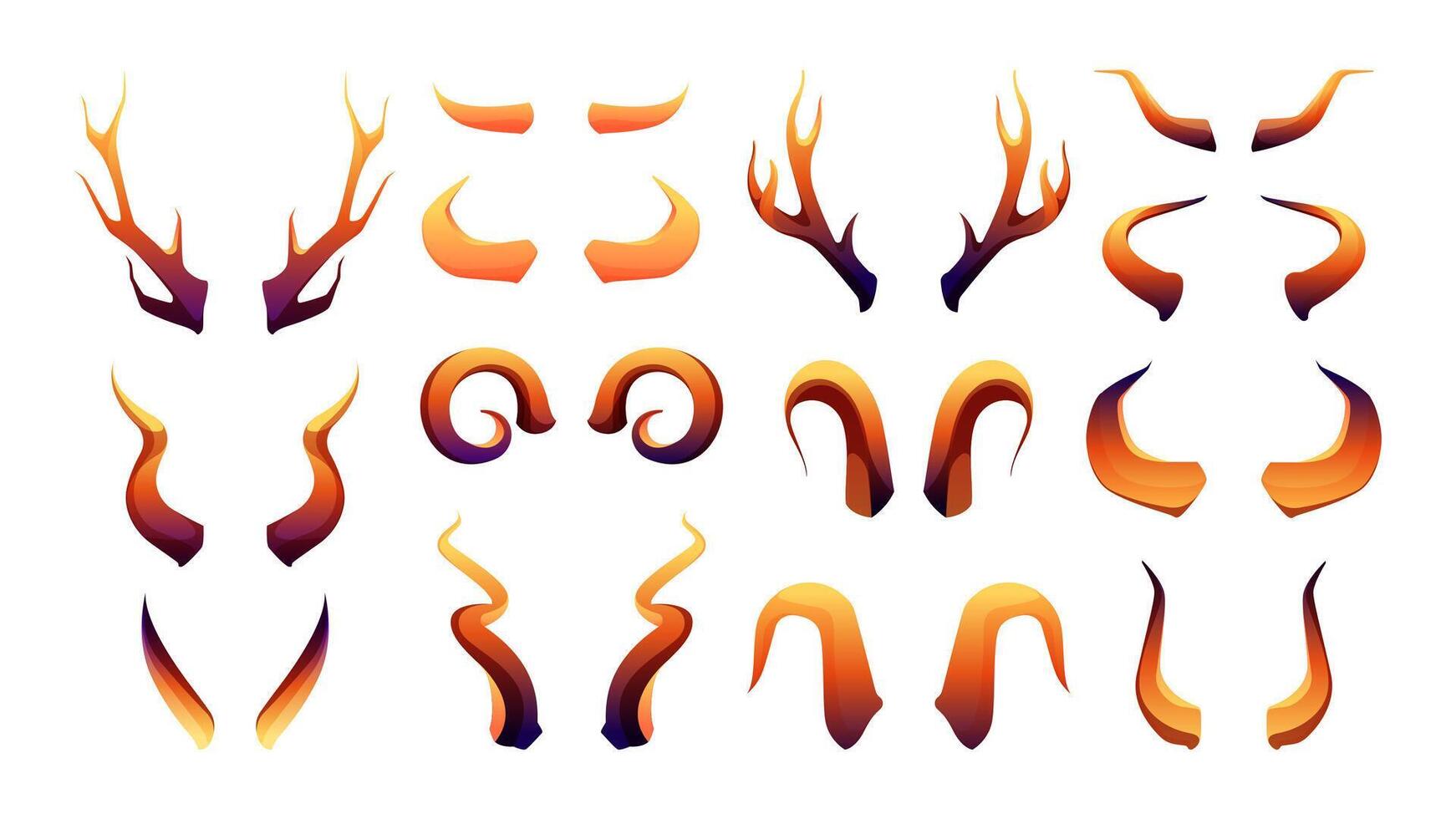 Devil horns. Evil monsters antlers, parts of demon body for Halloween masquerade decoration, cartoon flat mysterious attributes. Vector collection