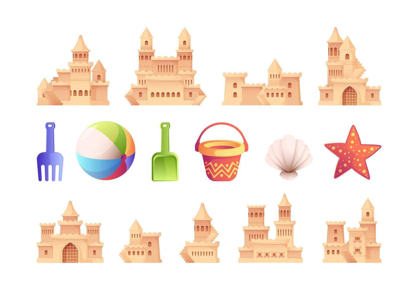 Sand castle building set. Summer beach kids sandpit with towers toy bucket ball shell shovel, cartoon building fortress on seaside. Vector collection