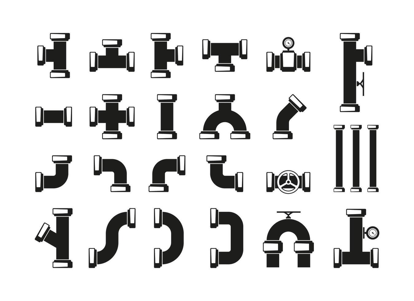 Silhouette pipeline elements. Black plumbing pipe parts, water tube faucet system valve constructions, industrial sewage connectors. Vector collection