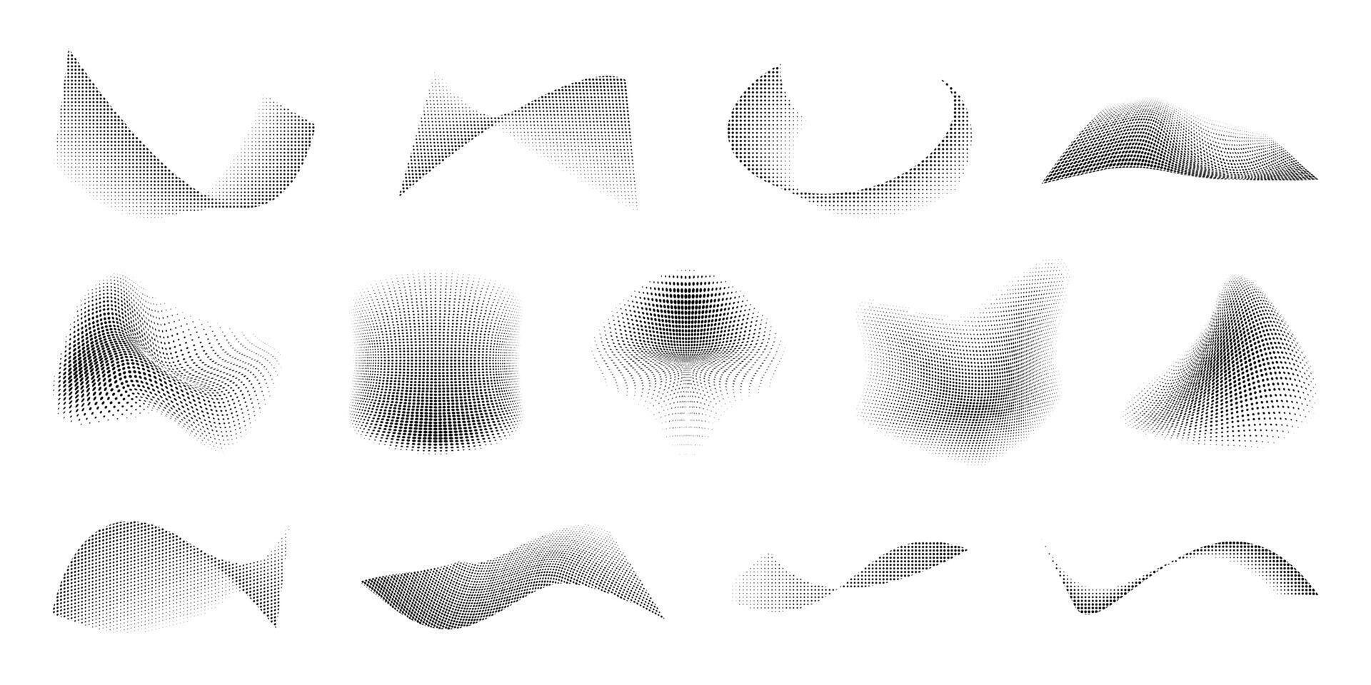 Halftone waves. Retro dot curvy figures with abstract comic gradient effect, stippled shapes of spray paint, black dots print. Vector isolated set