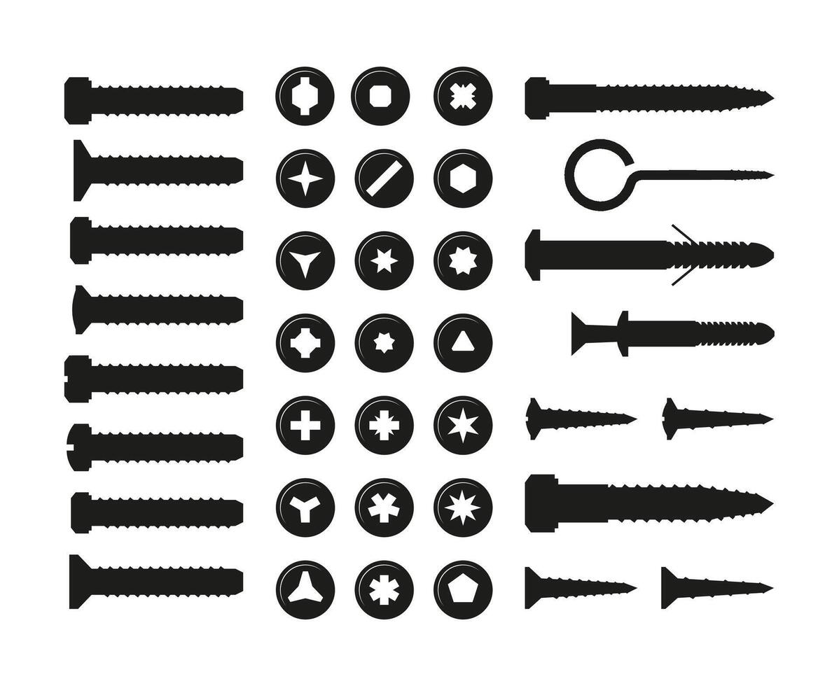 Black screws and bolts. Wall plug nail and nuts silhouettes repairing fasten tools, cartoon building carpentry supplies, wood and metal joints vector