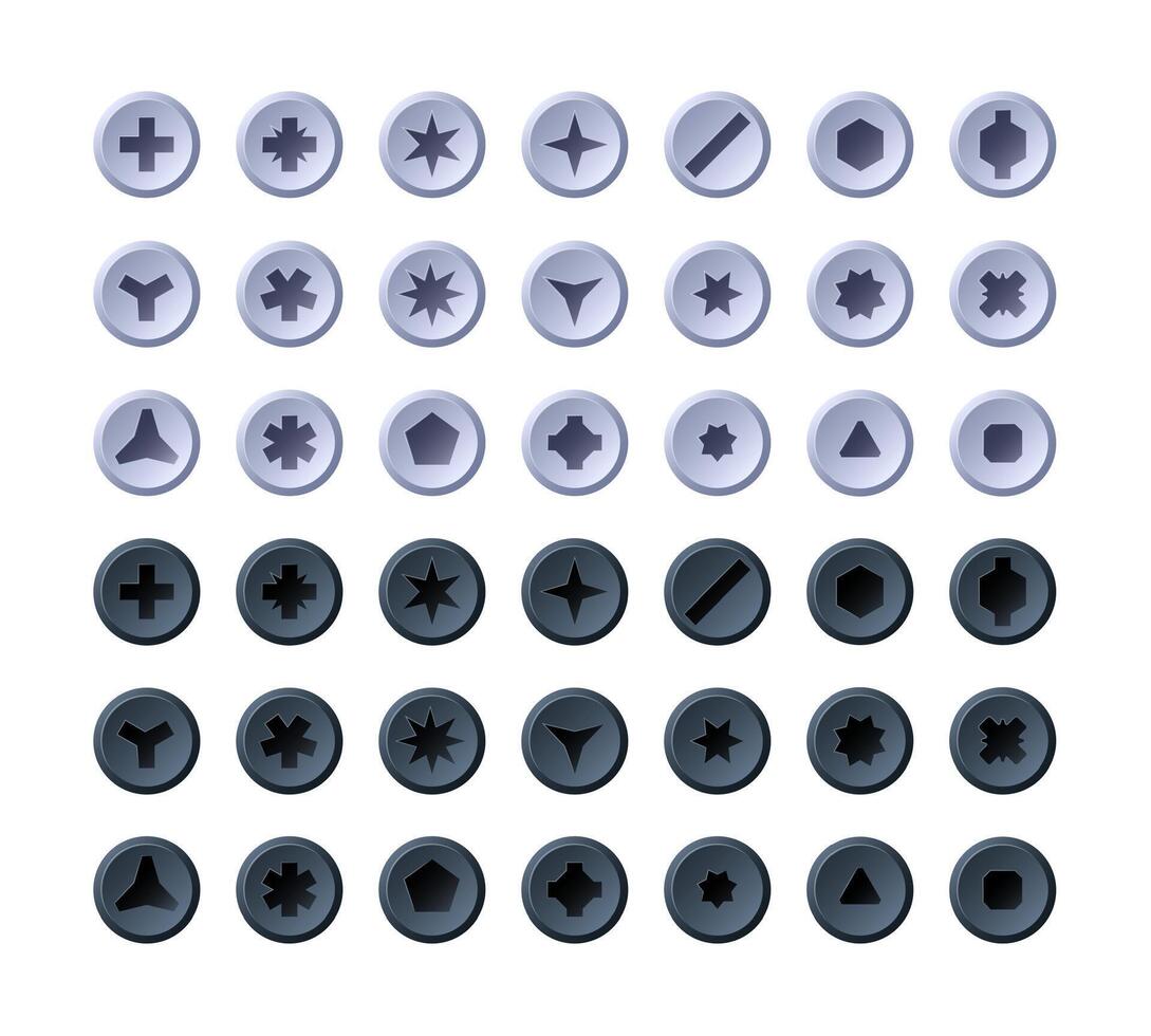 Screw heads. Cartoon round and hexagon screw-bolt caps top view, drill construction tools, mechanic workshop hardware devices. Vector isolated set