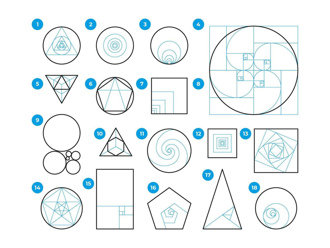 dorado proporción normas. geometría armonía de ideal dimensiones, regla de tercios y fibonacci secuencia, visual Arte matemáticas composición. vector conjunto