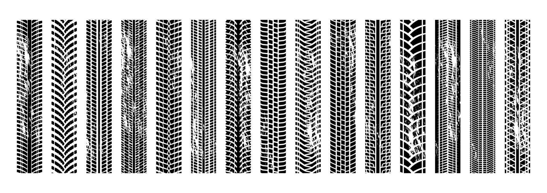 Grunge automobile tracks. Black rubber tire marks and tread marks for auto and moto racing. Vector isolated collection