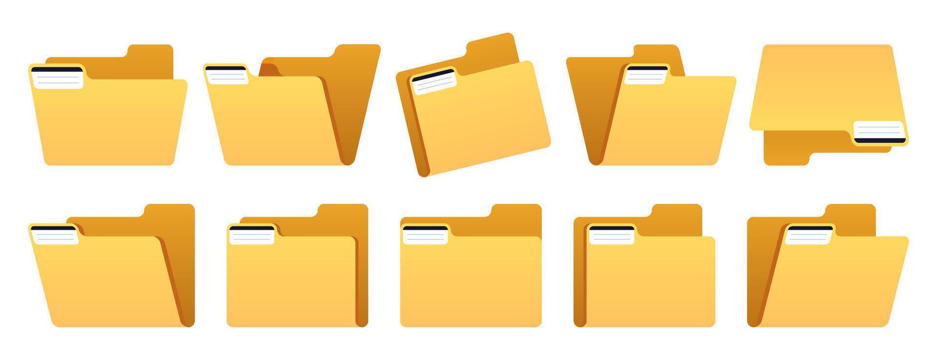 File folder set. Empty paper storage, organize document storage, blank paper directory symbol, project UI icon, data storage. Vector isolated set