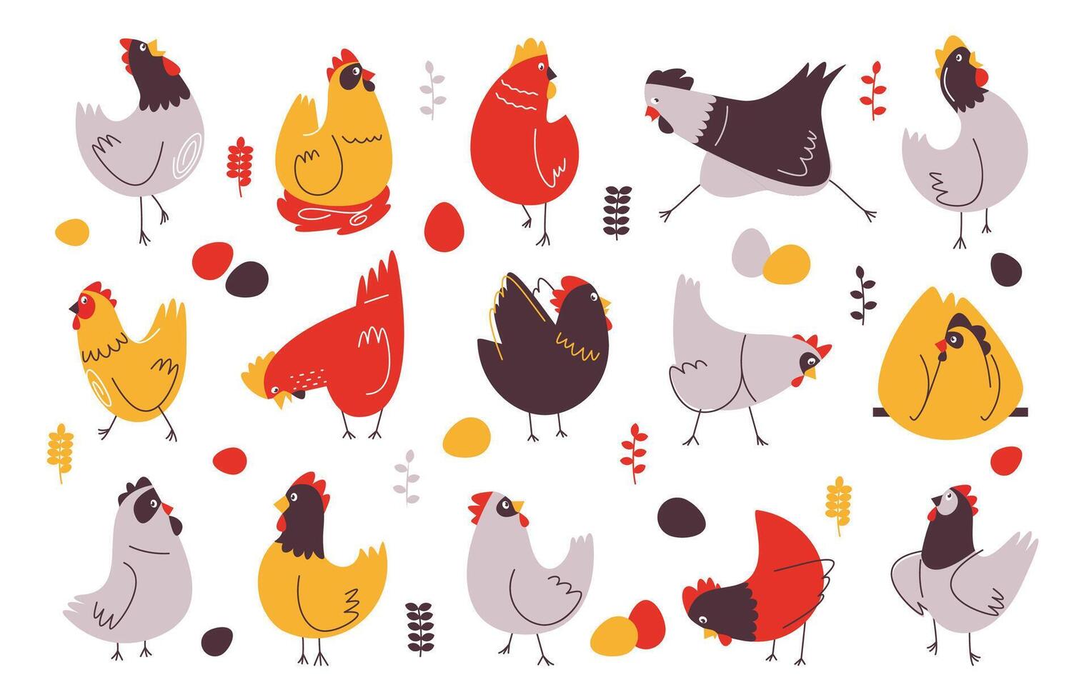 Cartoon chicken collection. Cute domestic animal characters in different poses and postures, domestic flock with eggs and chicks in nest. Vector isolated set