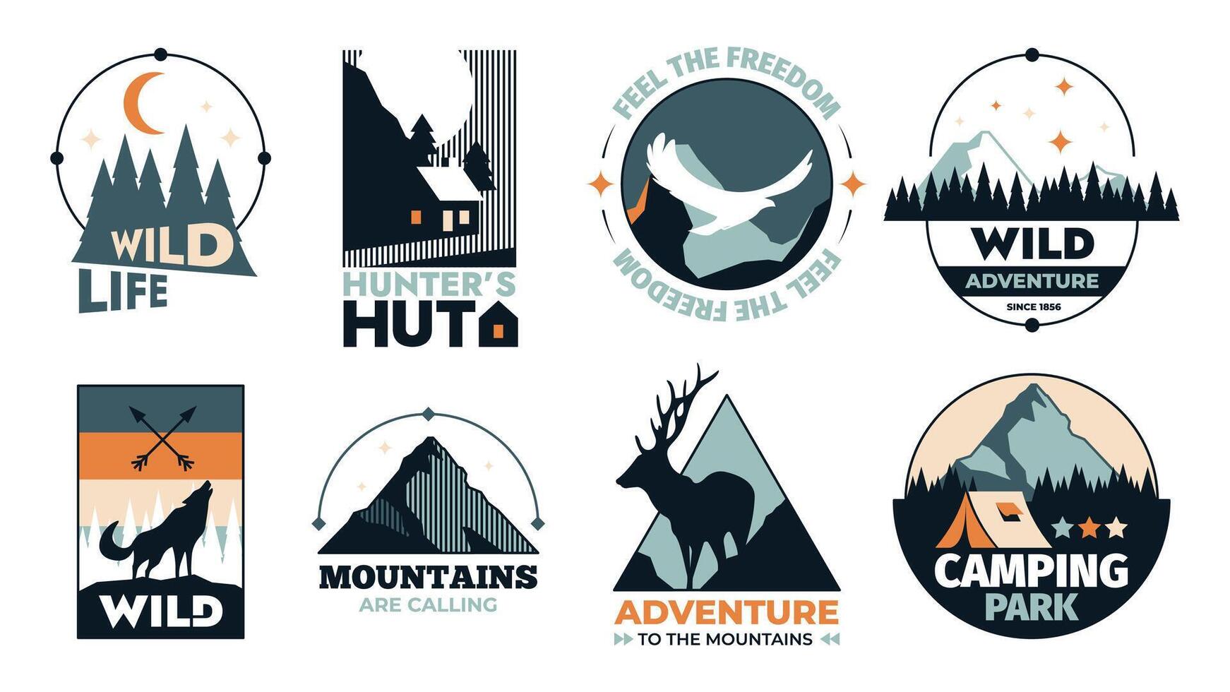 Outdoor adventure emblem. Mountain rock peak, hiking camp label with backpack and equipment, mountain with snow and forest. Vector nature expedition label set