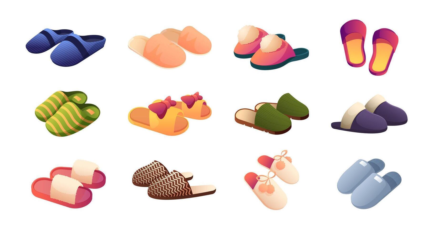 Slippers collection. Cartoon footwear, home and office cozy shoes, feet and legs relaxation comfortable foot wear. Vector isolated set