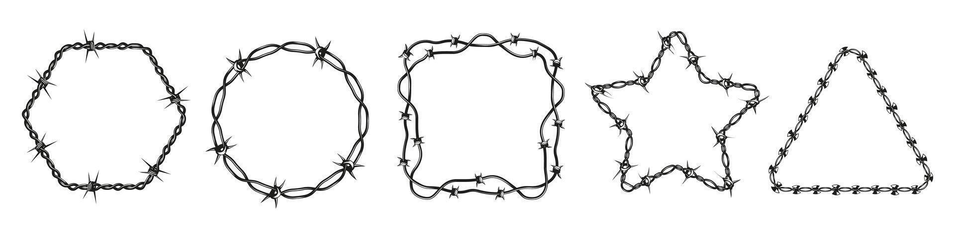 Barb wire shapes. Black barbed wire silhouettes, military boundary protection signs, school security fence and jail border. Vector isolated collection