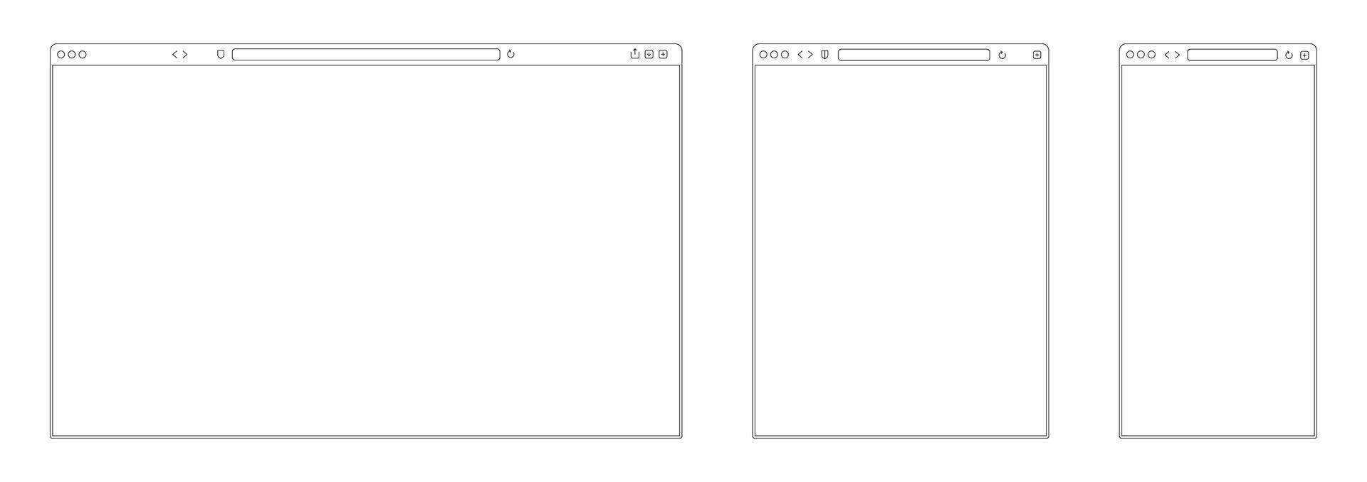 Line browser mockup. Web page frame for mobile tablet and desktop computer screens. Different devices internet browser interface mockup. Vector simple site layout set