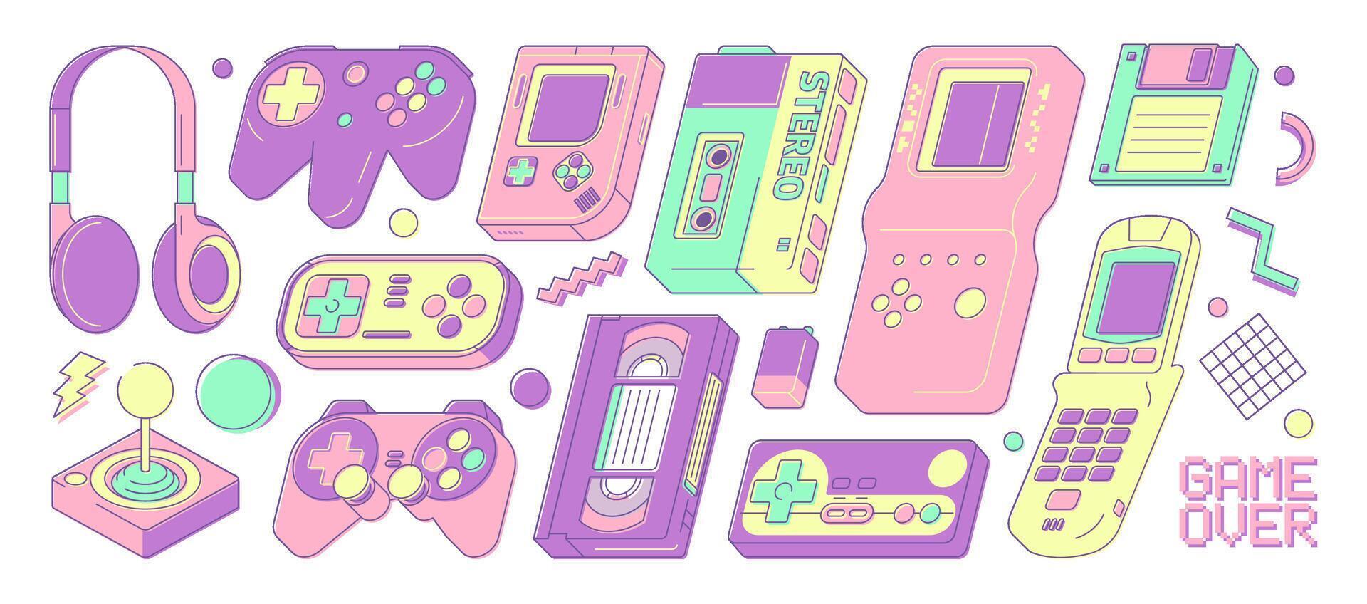 Retro electronic devices. Vintage gadgets and retro technology, film photo camera, tape recorder, mobile phone and cassette player. Vector 90s and 00s retro tech set