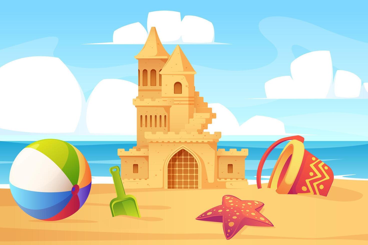 Sand castle on the beach. Cartoon summer seaside landscape with children sandpit toys towers bucket shovel, kids seashore activity. Vector background