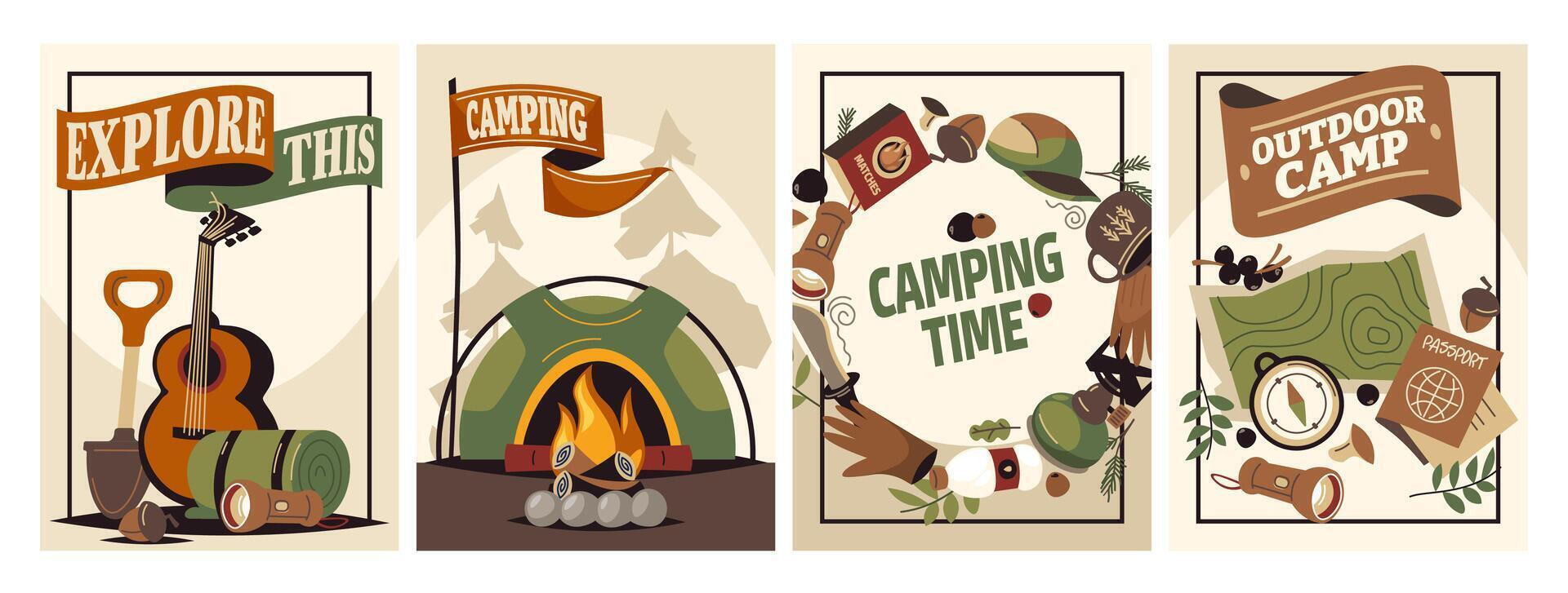 Forest camping poster. Summer outdoor activity brochure with hiking and camping logo, nature recreation concept. Vector flyer banner