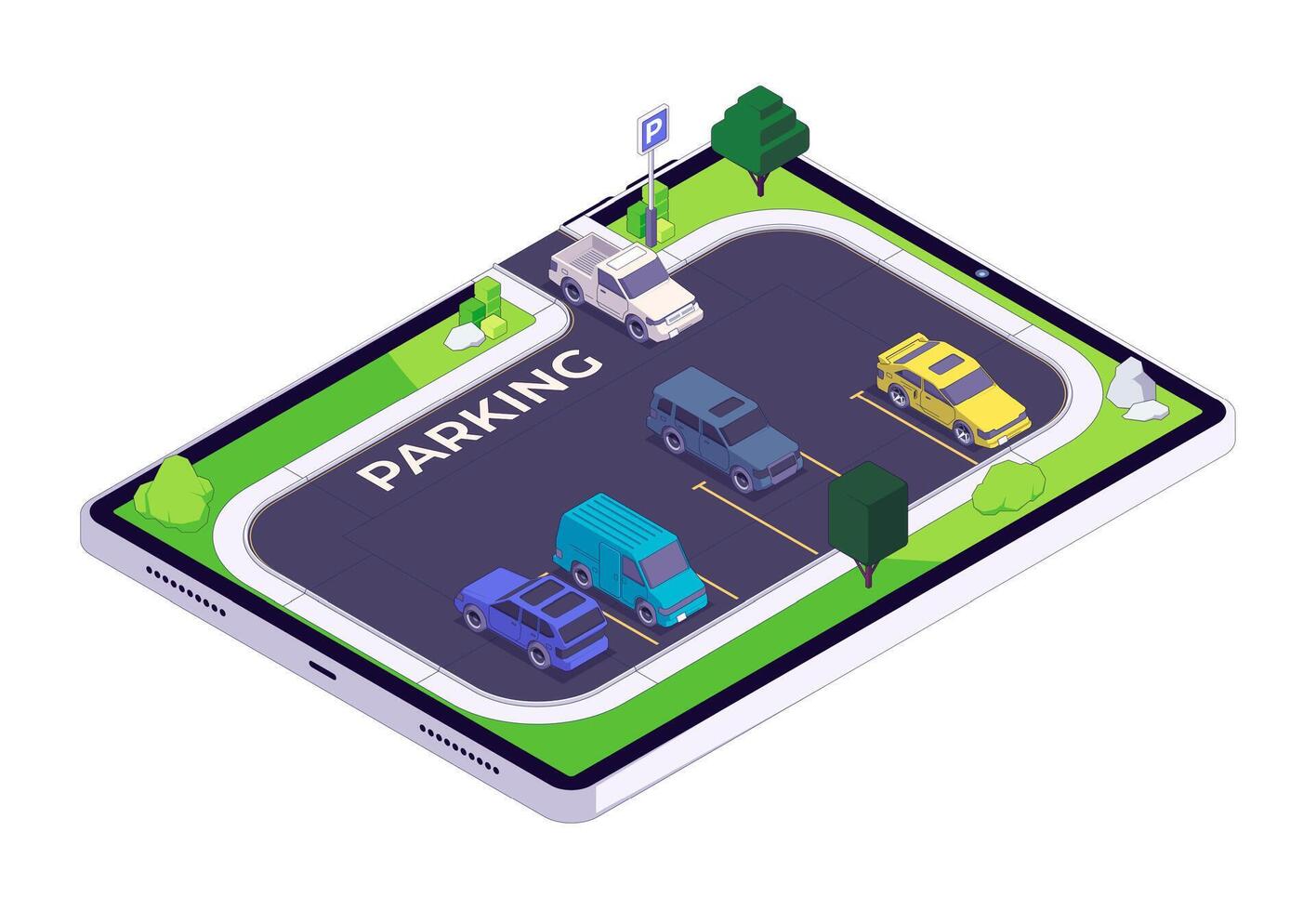 Isometric parking. City cars in parking lot, flat automobile icons on reserved place, urban auto traffic, carsharing carpooling concept. Vector illustration