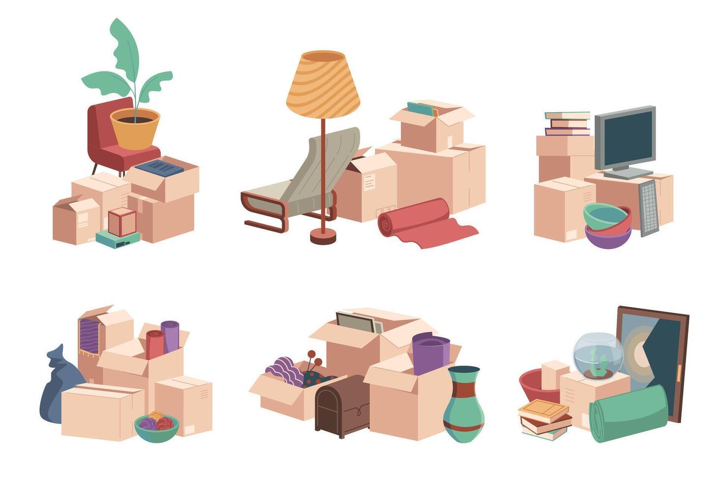 Piles of moving boxes. Packed empty boxes for storage and relocation, delivery service concept with pile of parcels. Vector illustration