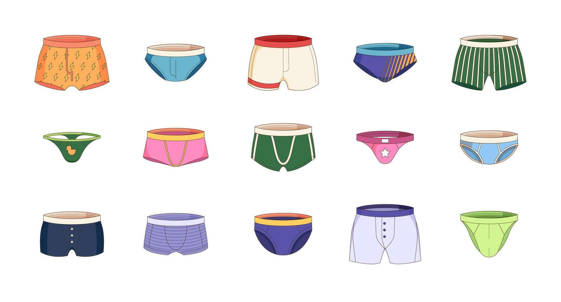 Men underwear. Cartoon man boxer briefs and trunks, male pants and briefs in different styles and colors, male underclothes. Vector flat set