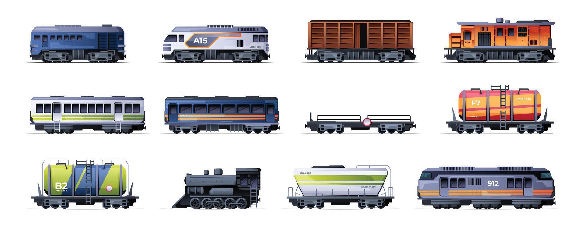 trenes y vagones dibujos animados ciudad ferrocarril vehículos, metro trenes y subterraneo vagones, subterráneo eléctrico locomotora transporte concepto. vector conjunto