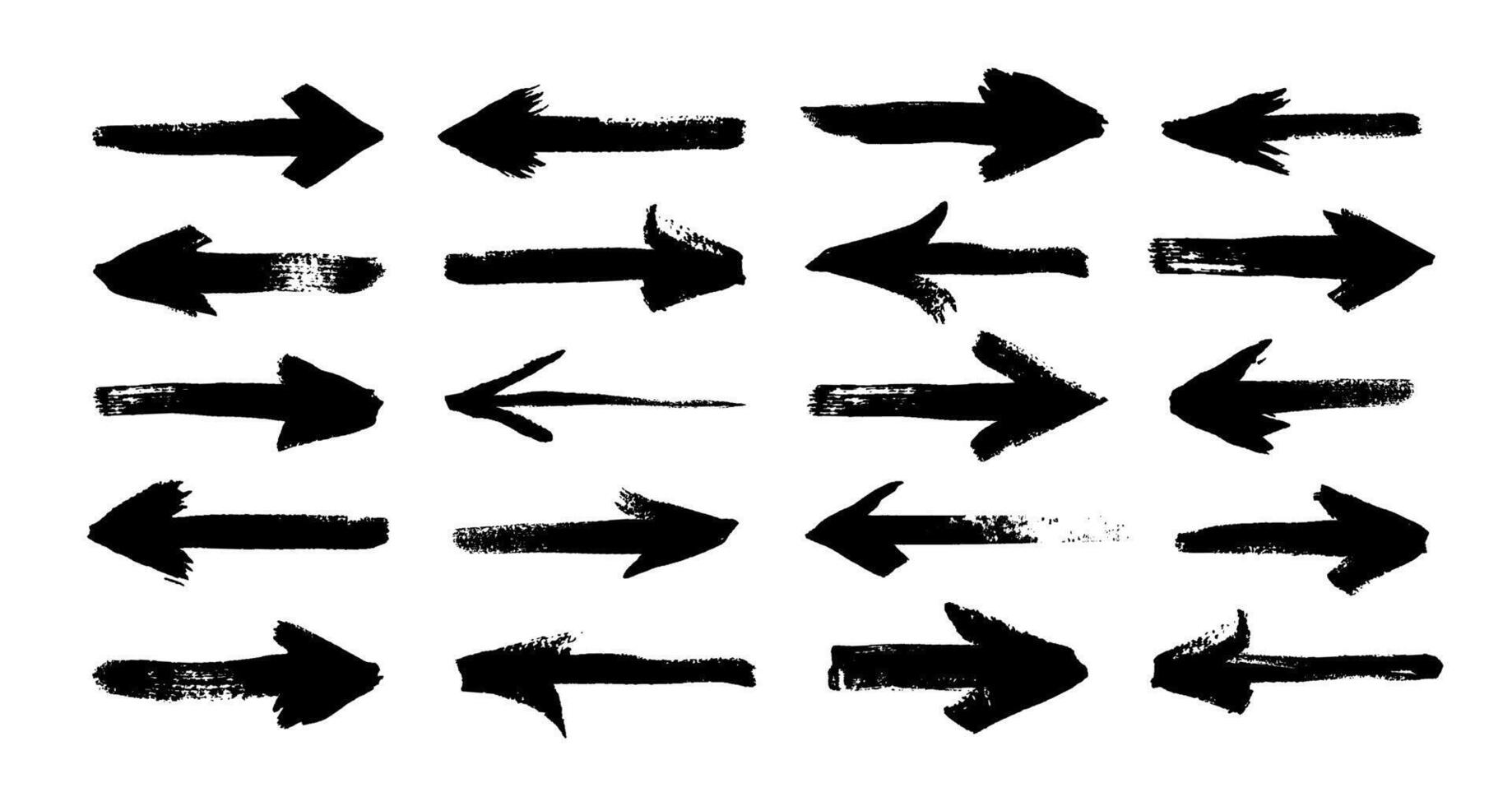 Grunge brush arrows. Abstract dry paint marker stroke direction signs, black splatter cursor. Vector marker strokes isolated set