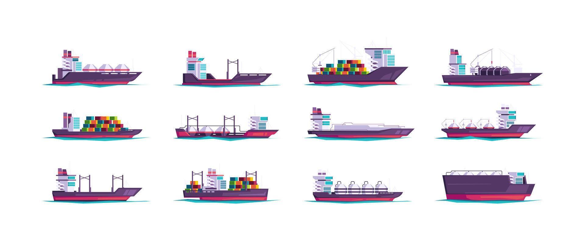 carga buques recopilación. dibujos animados carga vasos, plano náutico Envío cargador barcos que lleva contenedores, comercial mar Oceano transporte. vector aislado conjunto