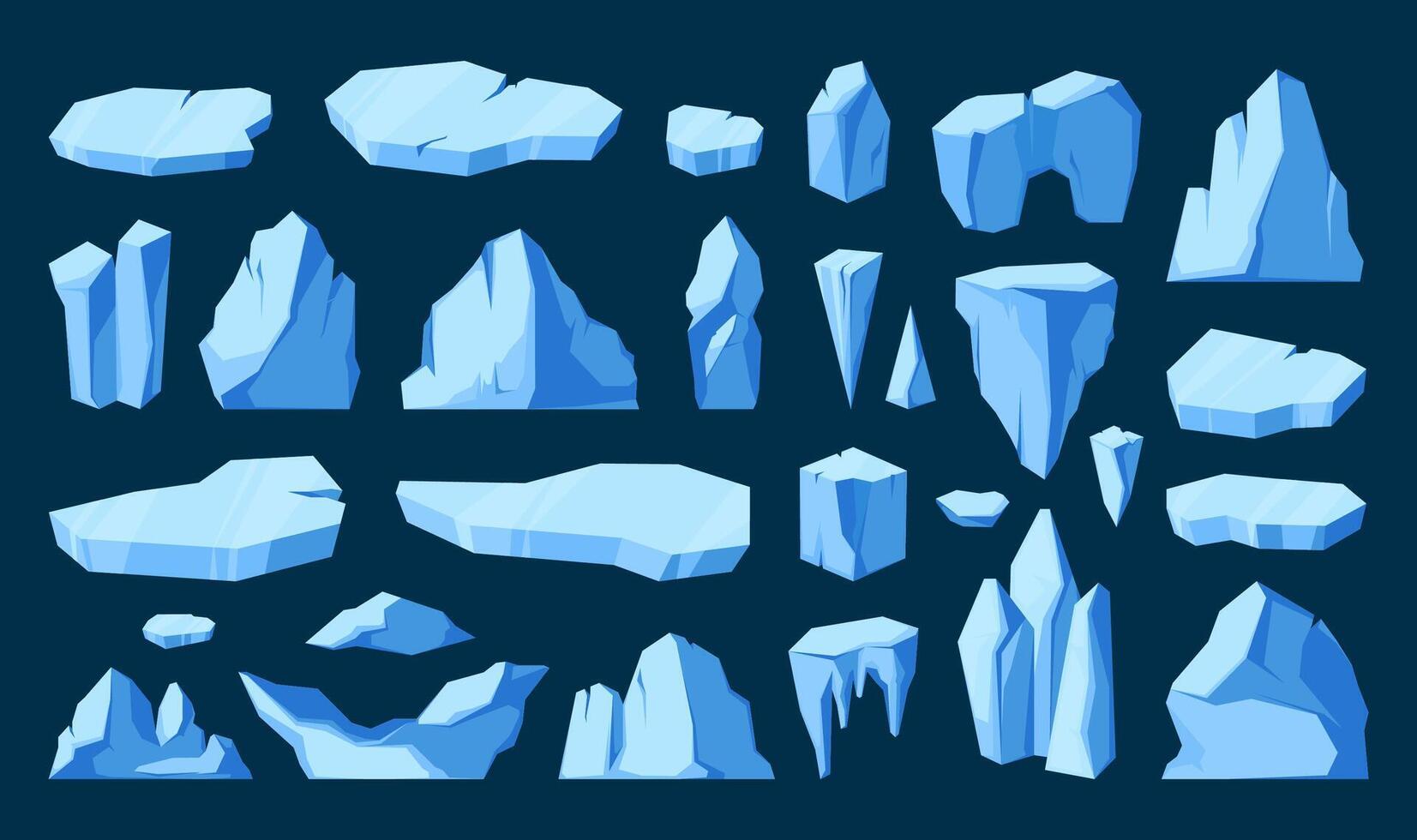 Ice pieces and glaciers. Cartoon frozen floating ice chunks, mountain icebergs and polar sea floe, winter climate concept. Vector isolated set