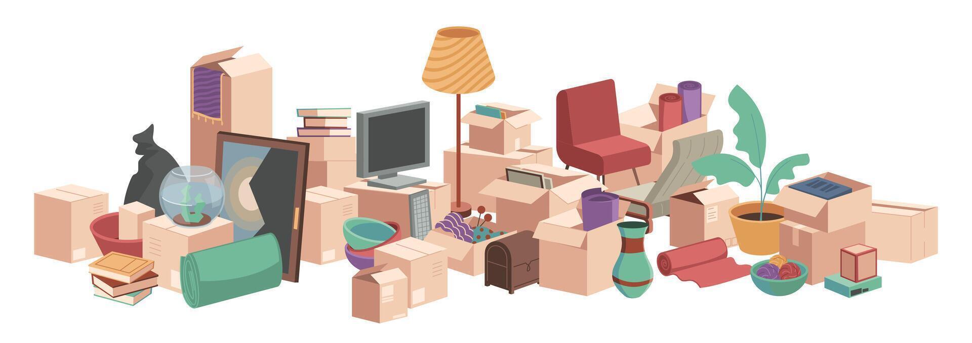 Stuff for relocation. Cartoon moving and relocating service concept, pile of cardboard boxes and belongings. Vector flat illustration