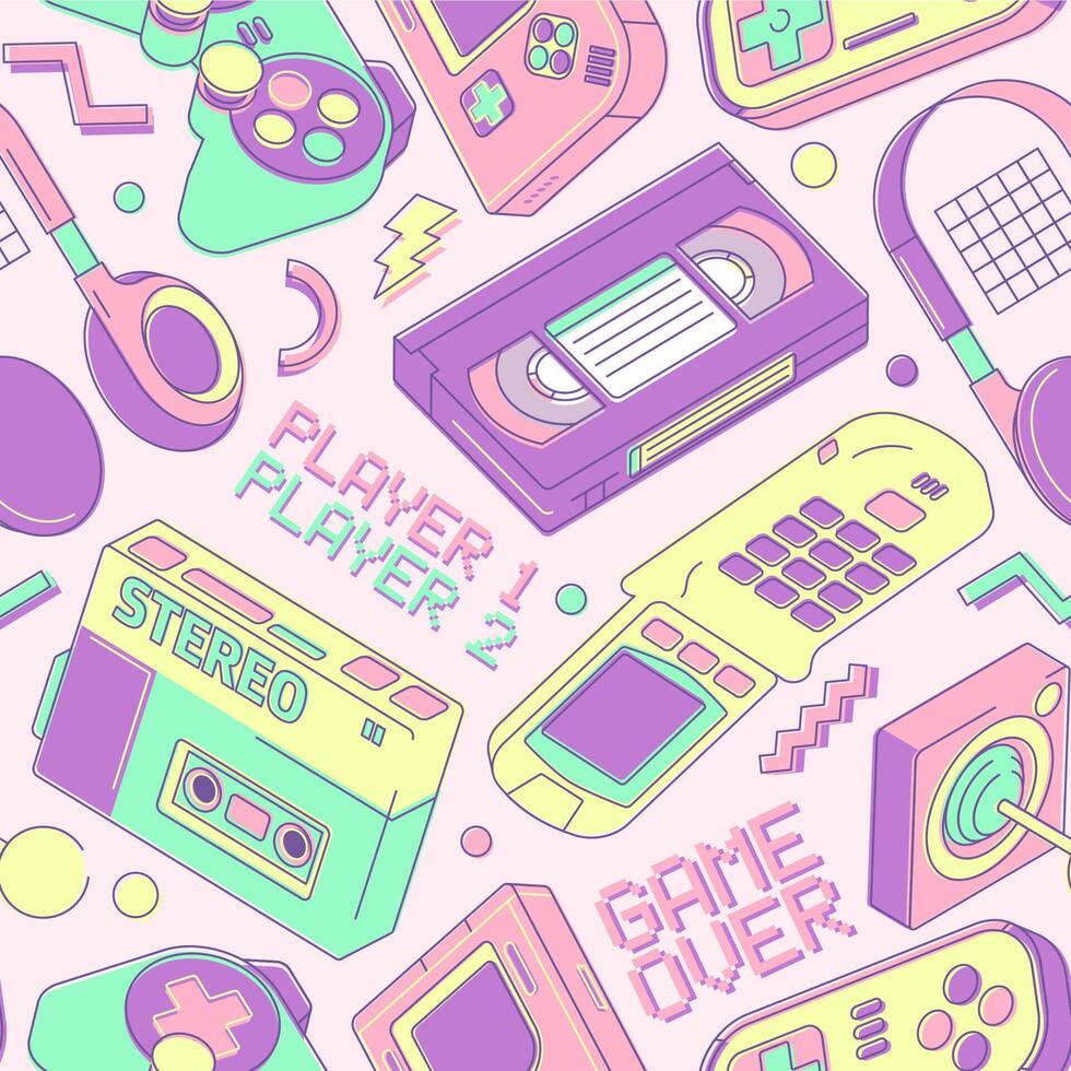 Retro gaming devices pattern. Seamless print of colorful gamepad controller, modern technology for party backdrop or wrapping paper. Vector texture