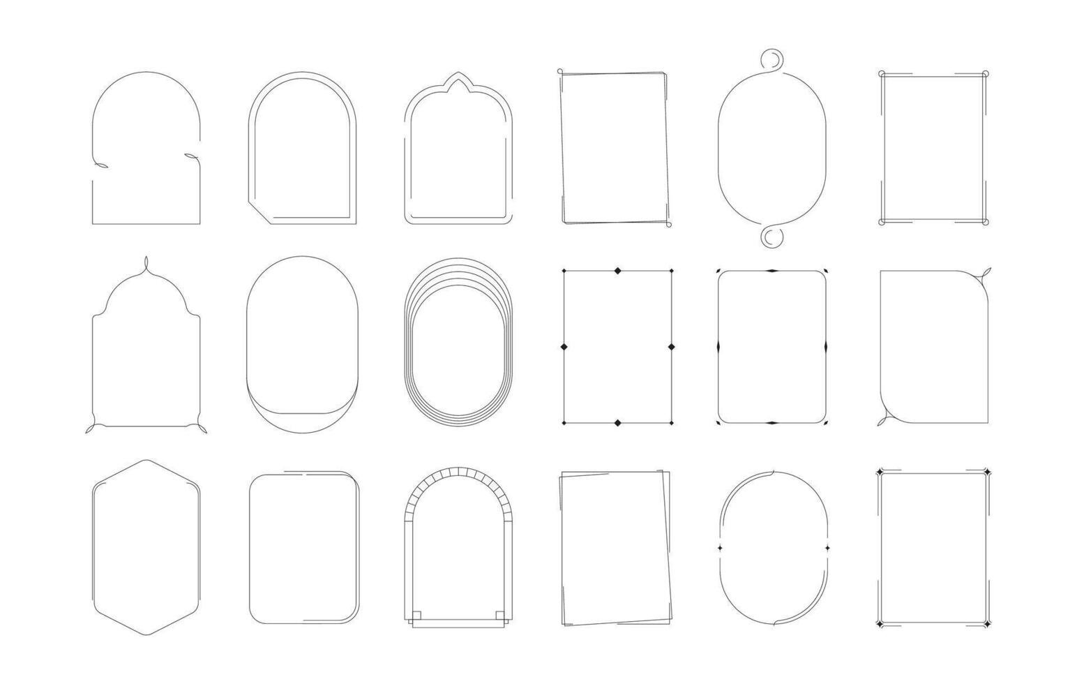 Line boho arch. Abstract linear border elements with geometric ornaments, trendy shapes and floral motifs. Vector decorative line frame set